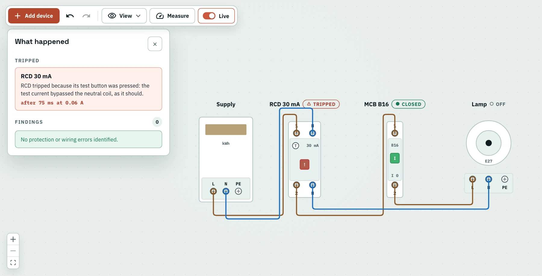 The same circuit wired correctly, in the realistic view, after pressing TEST