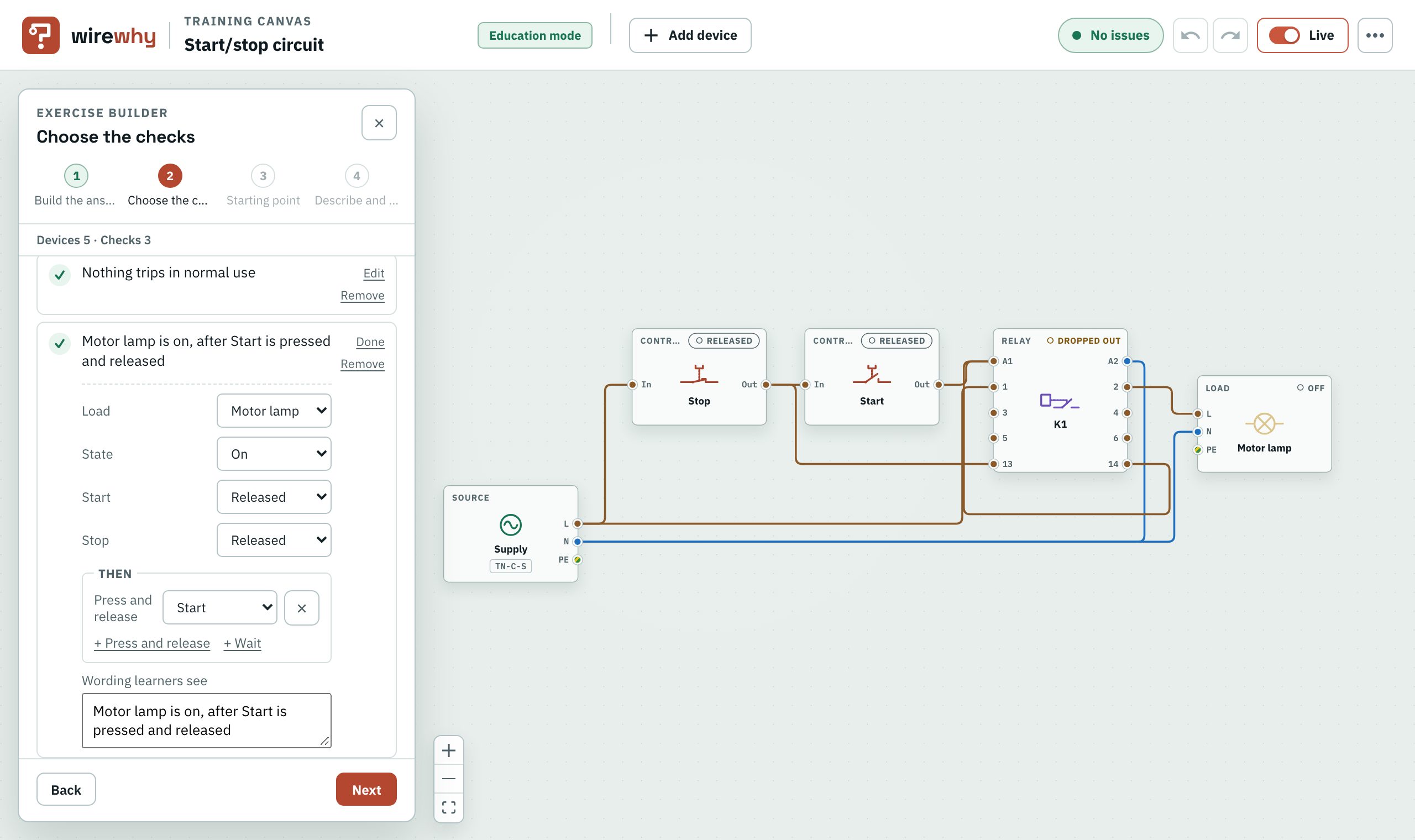 The exercise builder: checks in plain sentences, one ending with a button pressed and released.