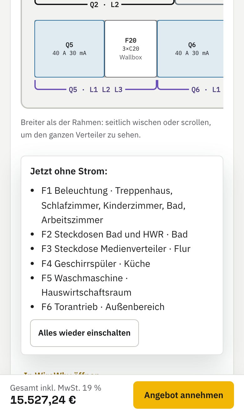 Das Handy des Kunden: sein Verteiler live mit ausgeschaltetem FI-Schalter, was keinen Strom mehr hat, und der Knopf „Annehmen“.