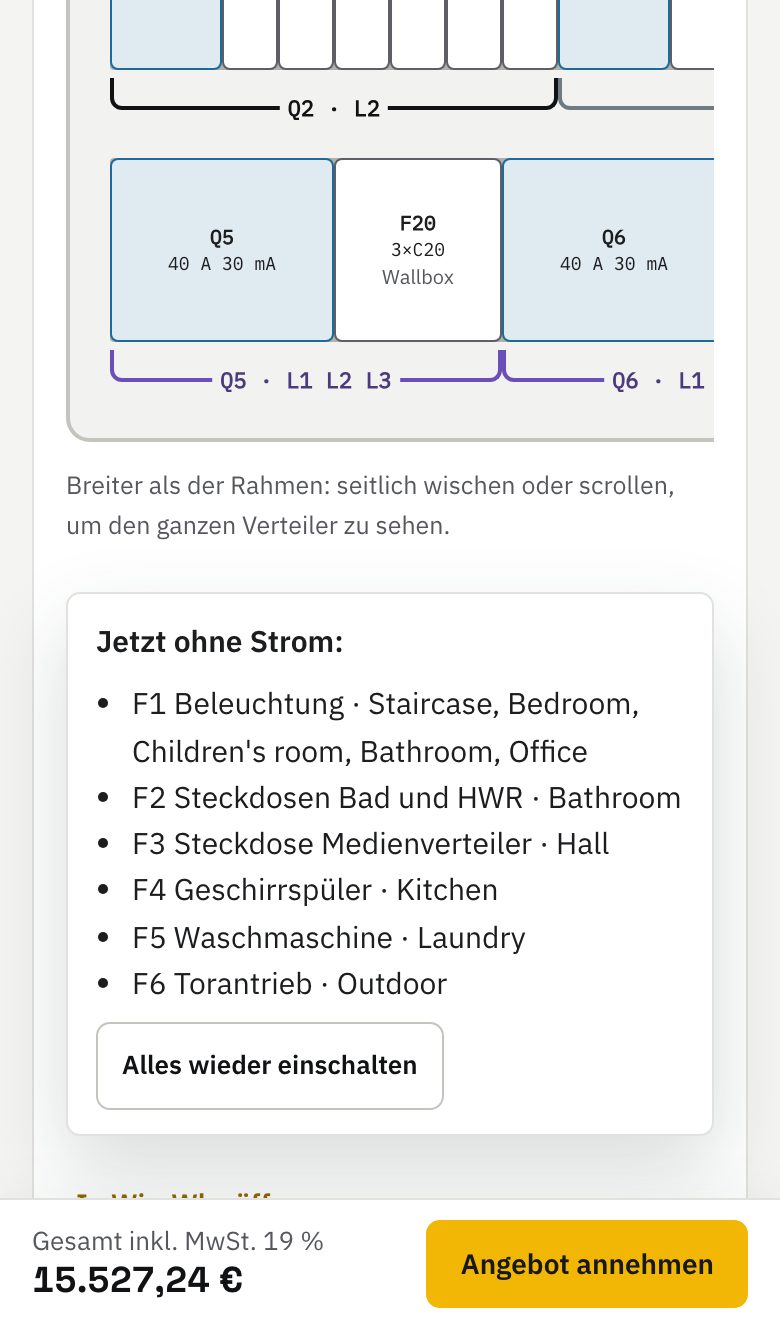 The customer's phone: their board live with an RCD switched off, what lost power, and the Accept button.