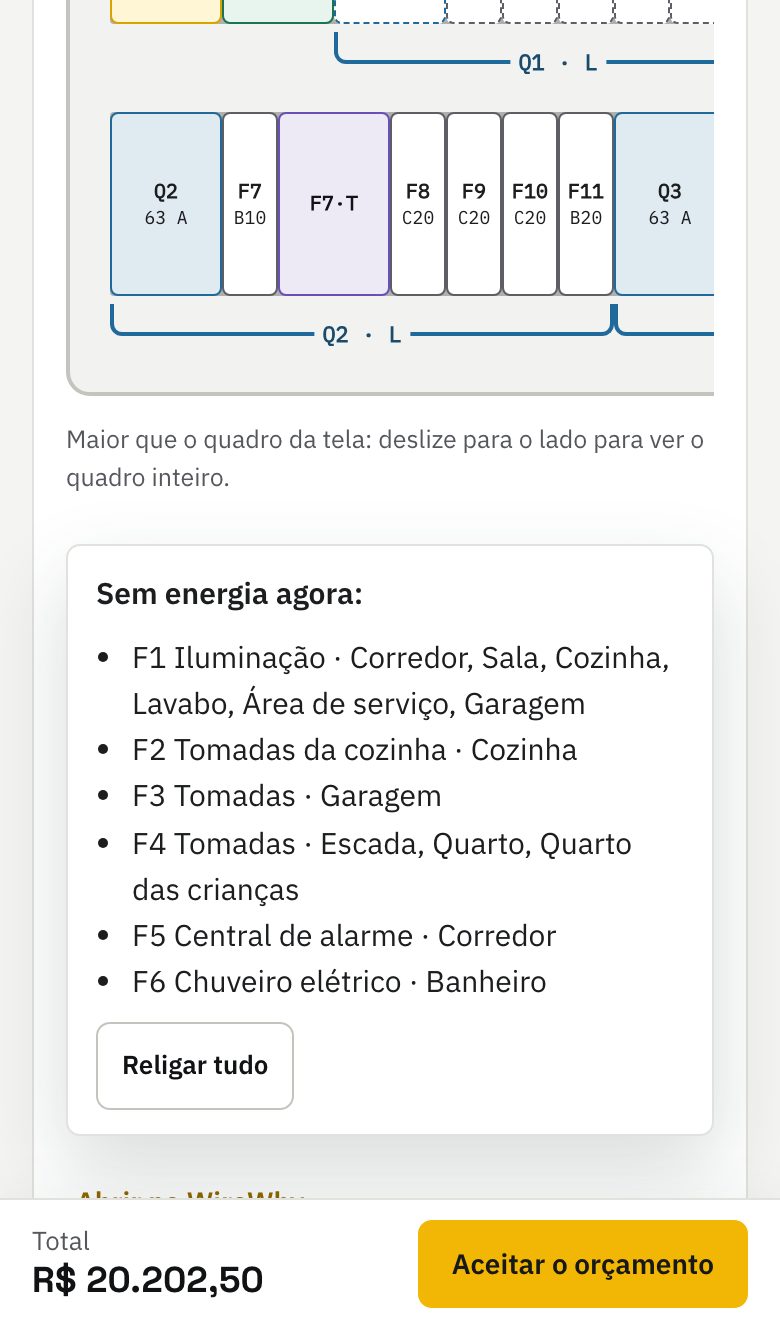 O celular do cliente: o quadro dele ao vivo com um DR desligado, o que ficou sem energia e o botão Aceitar.