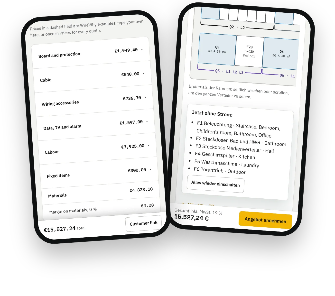 Two phones: the electrician's with the quote and its total, and the customer's with the quote's page and the Accept button.